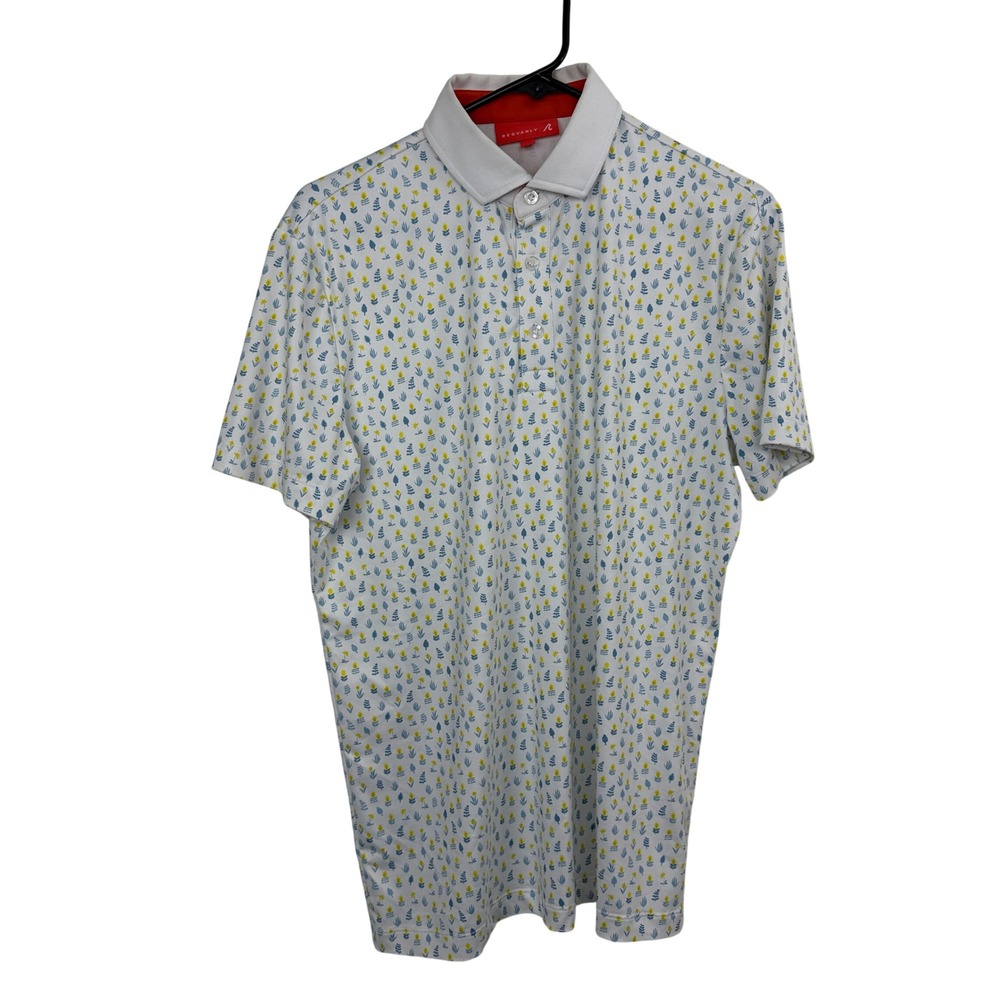 REDVANLY Polo Mens Small White Floral Print Short Sleeve Golf Shirt Athletic